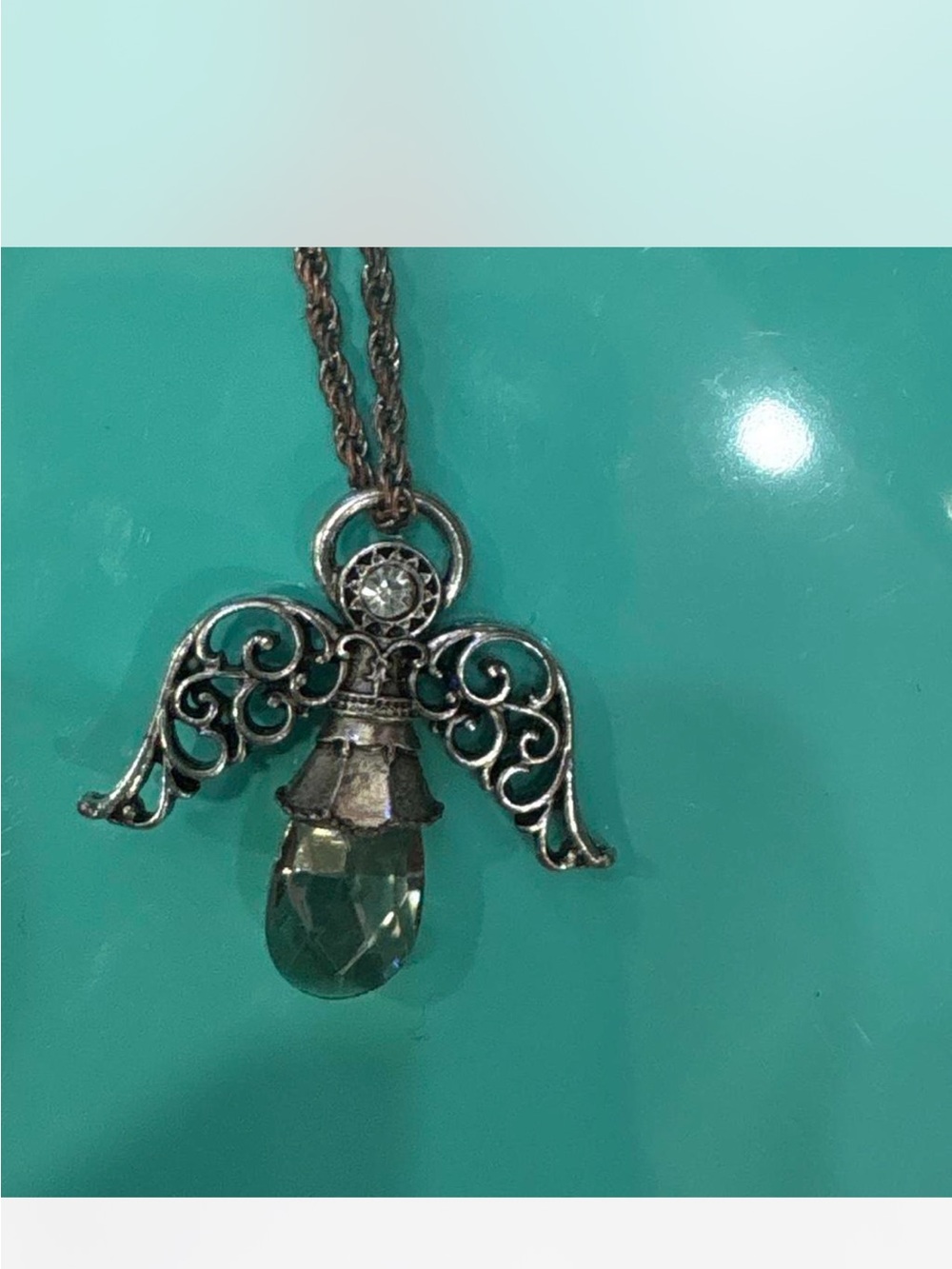 Silver-Tone Angel Wing Necklace with Pale Green Faceted Drop
